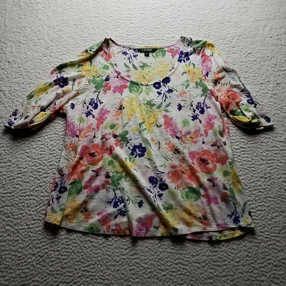 Lauren Ralph Lauren Shirt Womens Large Scoop Neck 3/4 Sleeve Floral Linen Top